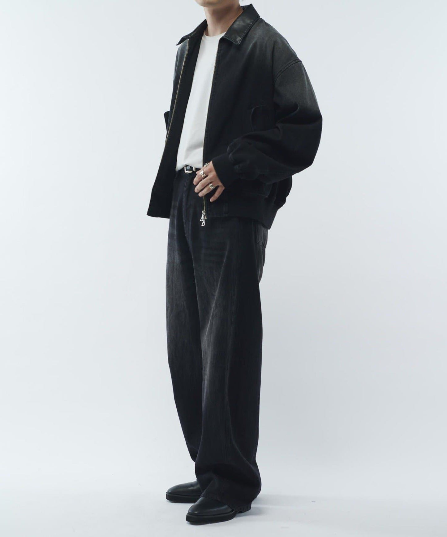 皮革拼接牛仔飛行夾克