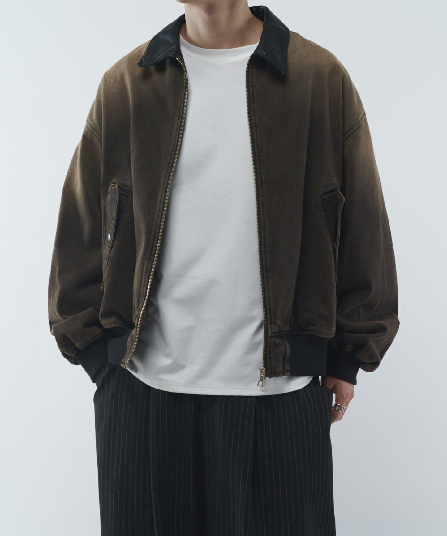 皮革拼接牛仔飛行夾克