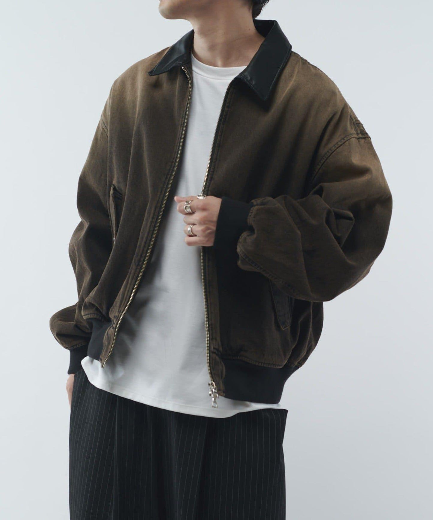 皮革拼接牛仔飛行夾克