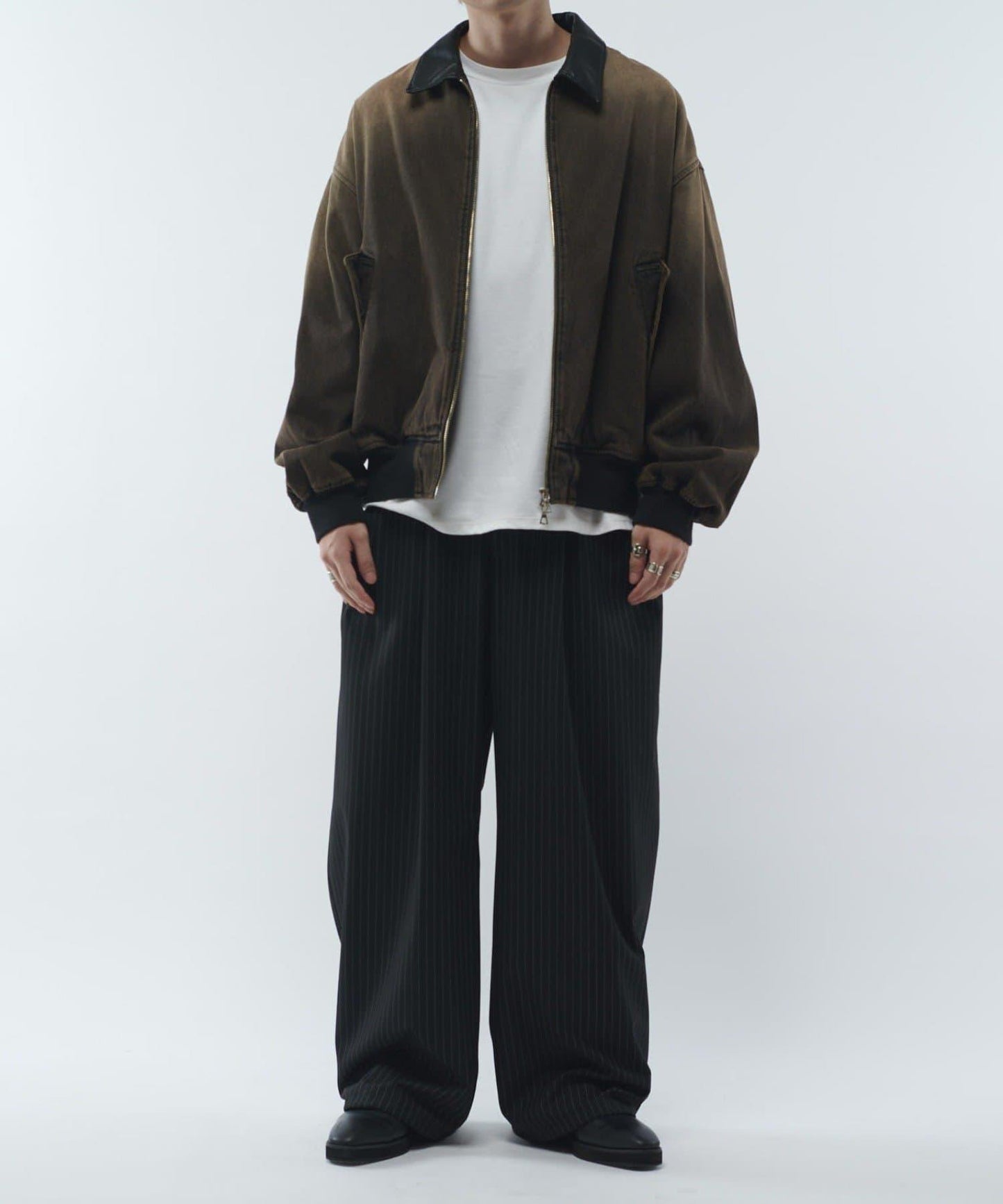 皮革拼接牛仔飛行夾克