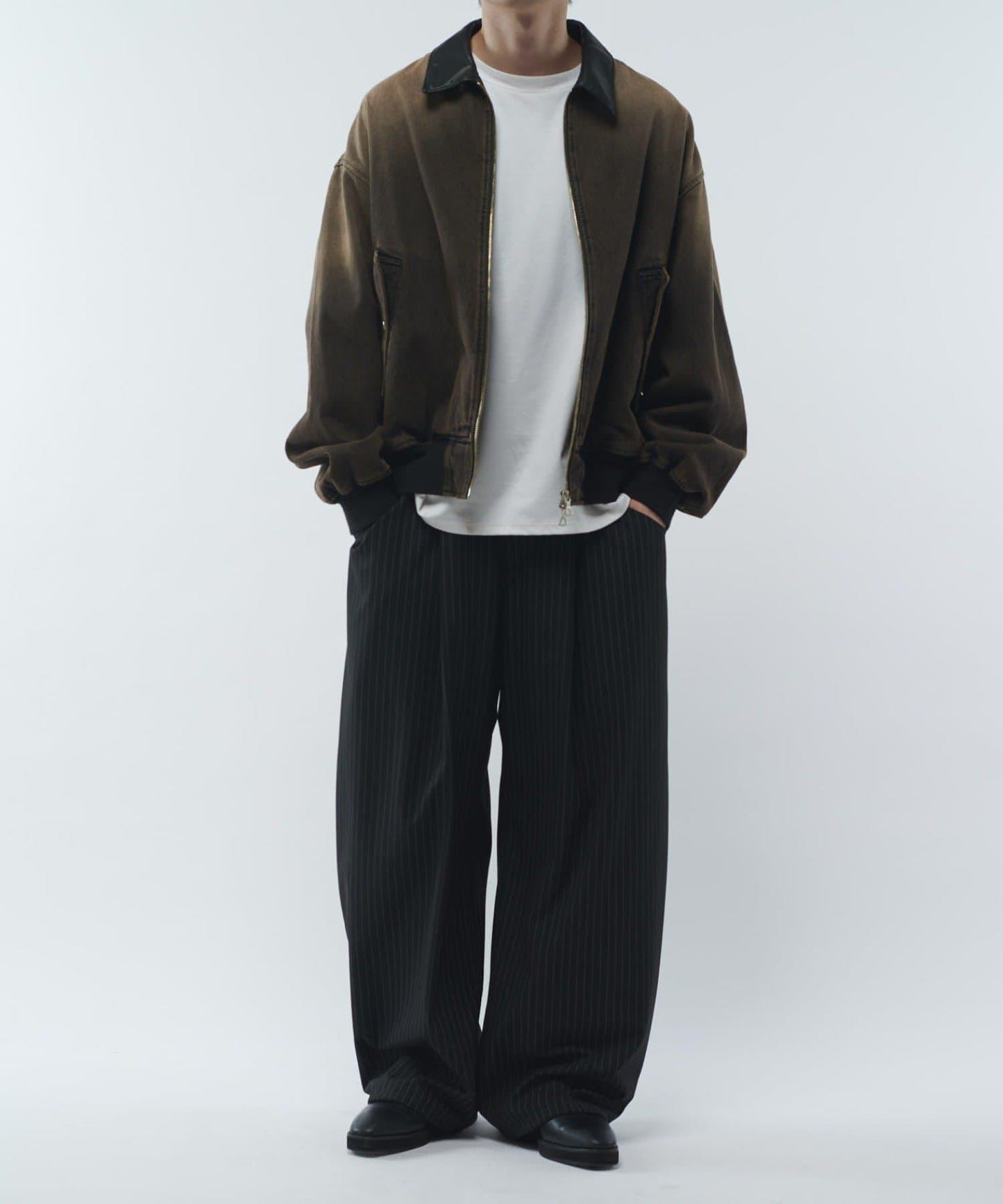 皮革拼接牛仔飛行夾克