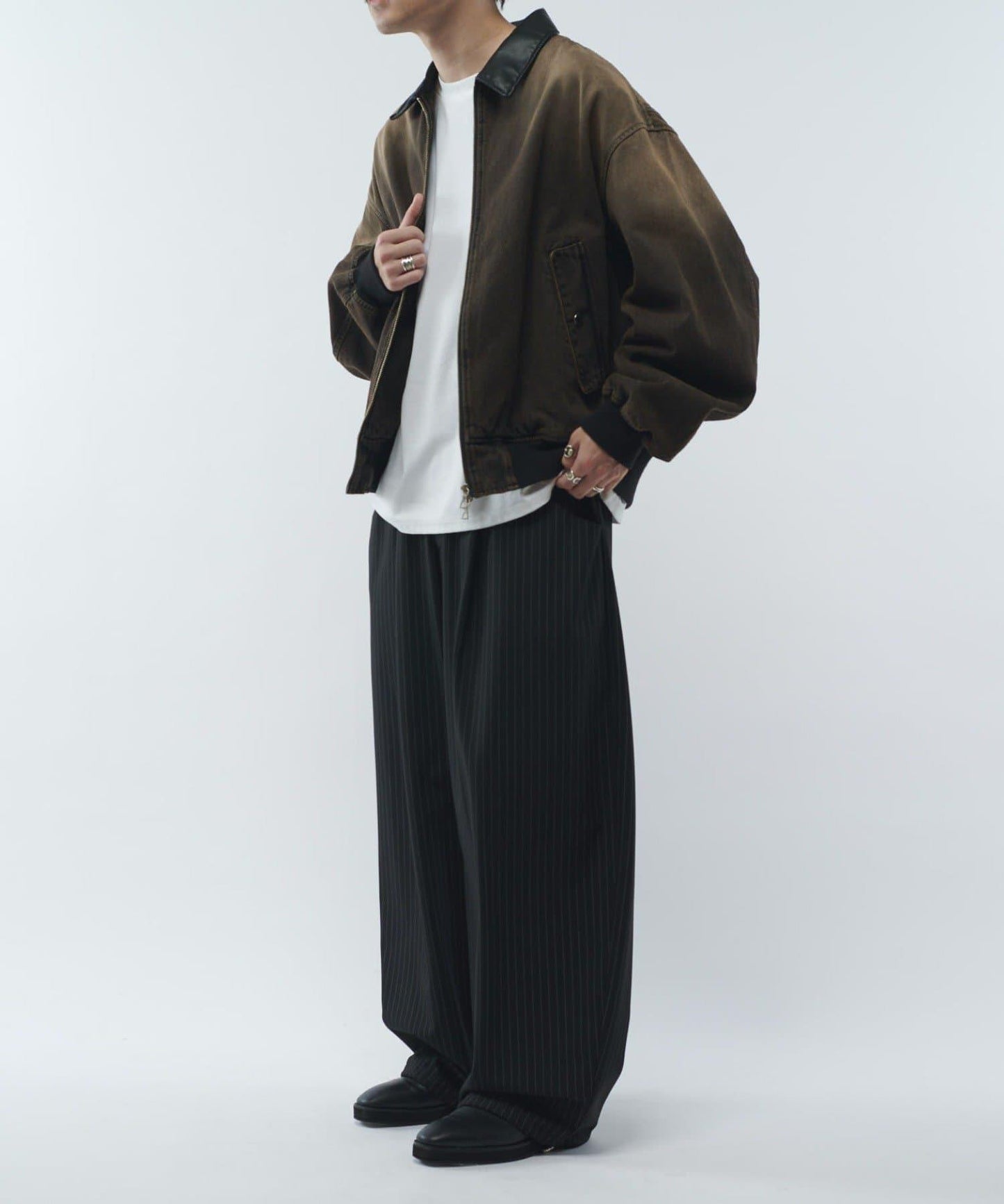 皮革拼接牛仔飛行夾克