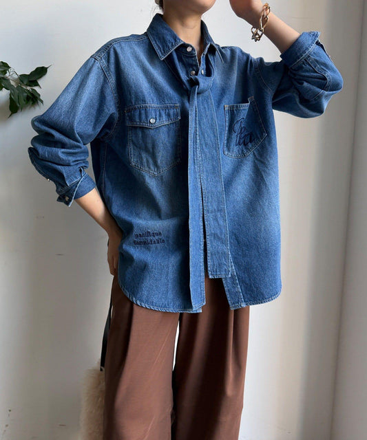 牛仔蝴蝶結刺繡兩穿襯衫