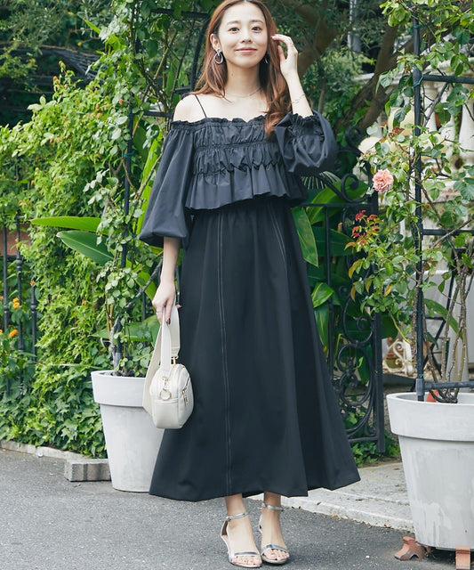 【有小個子尺碼・成熟女性優雅感◎】方領拼接材質褶皺連衣裙