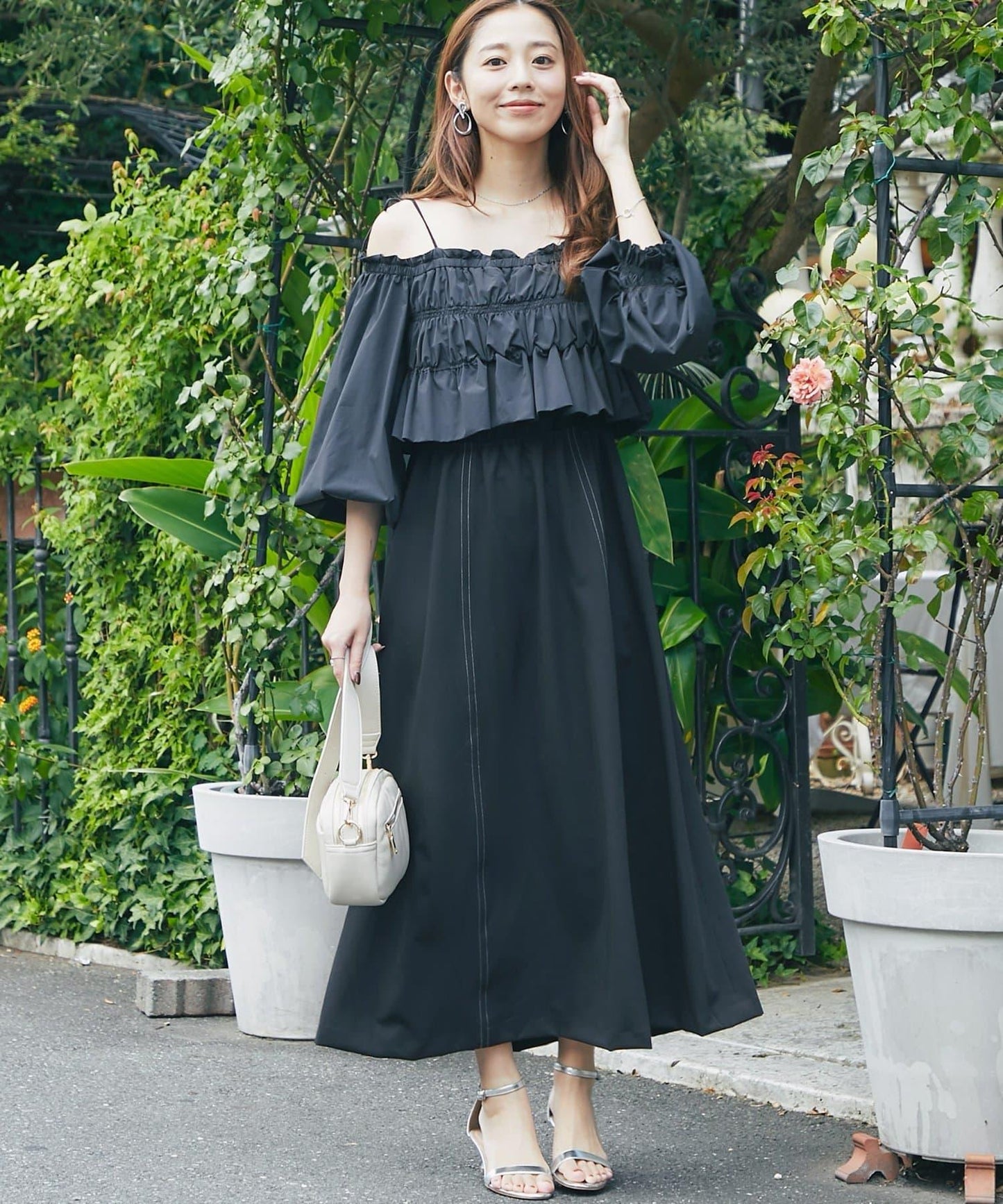 【有小個子尺碼・成熟女性優雅感◎】方領拼接材質褶皺連衣裙