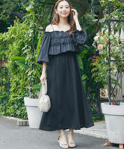 【有小個子尺碼・成熟女性優雅感◎】方領拼接材質褶皺連衣裙