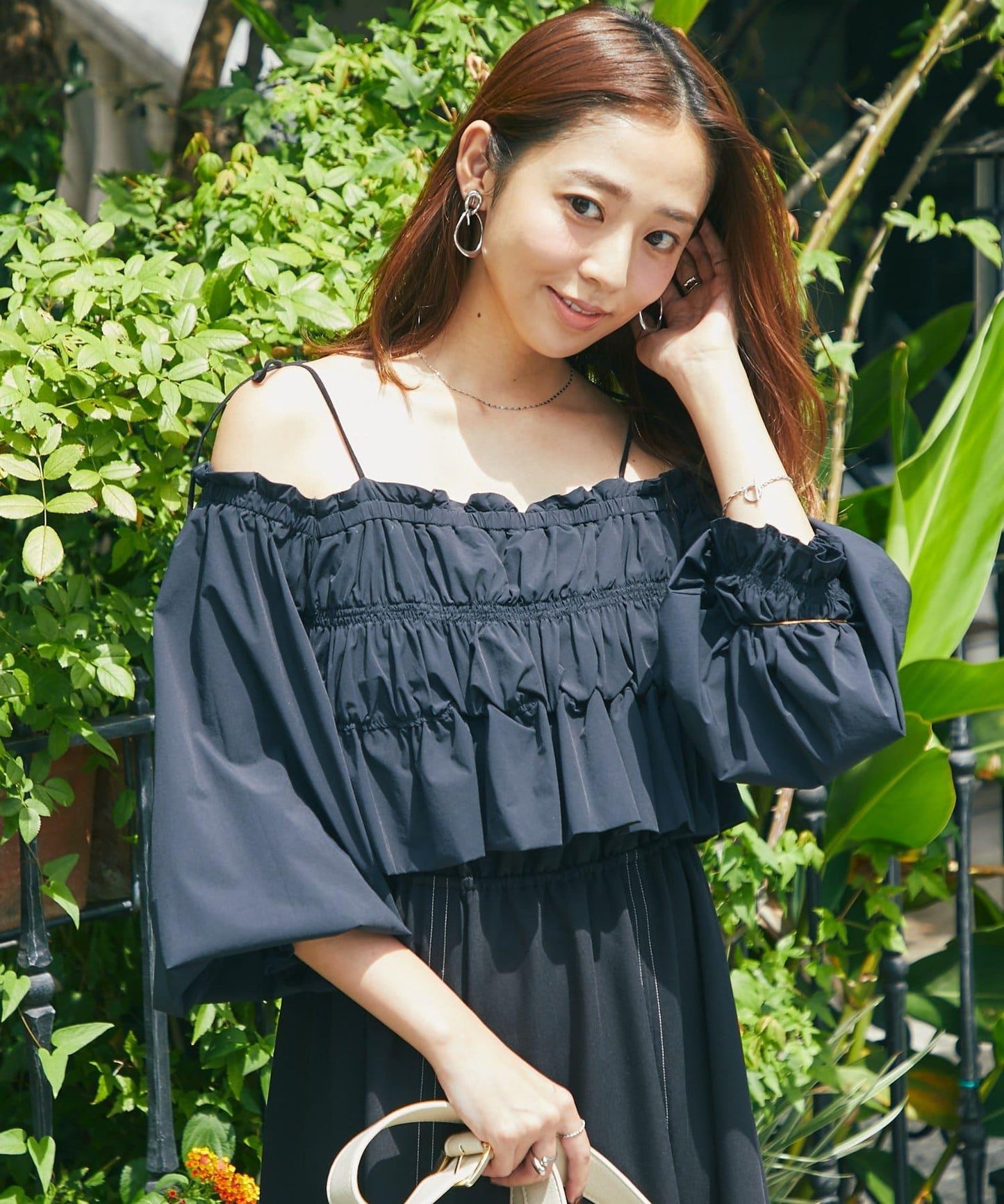【有小個子尺碼・成熟女性優雅感◎】方領拼接材質褶皺連衣裙
