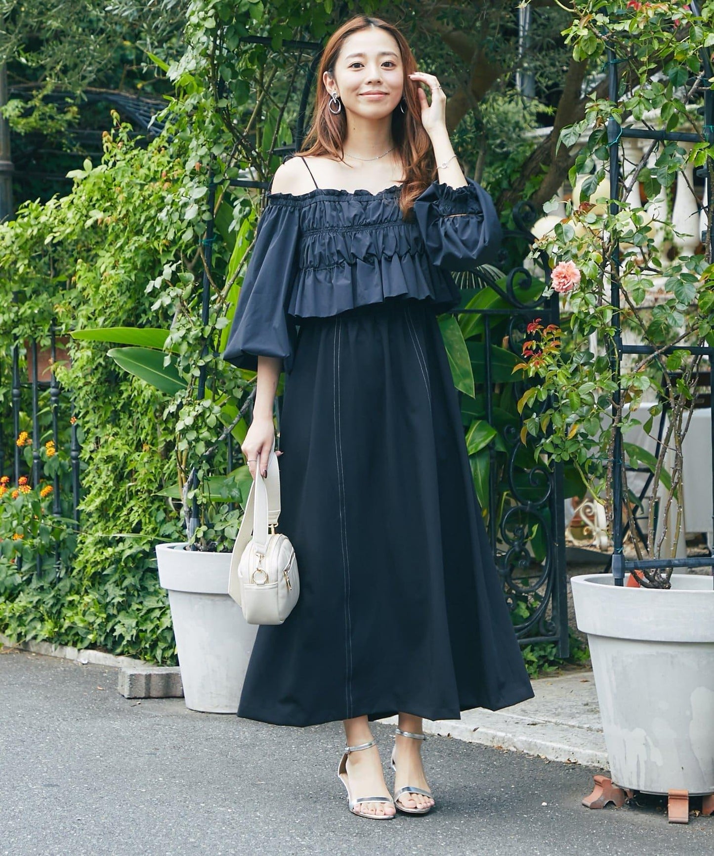 【有小個子尺碼・成熟女性優雅感◎】方領拼接材質褶皺連衣裙