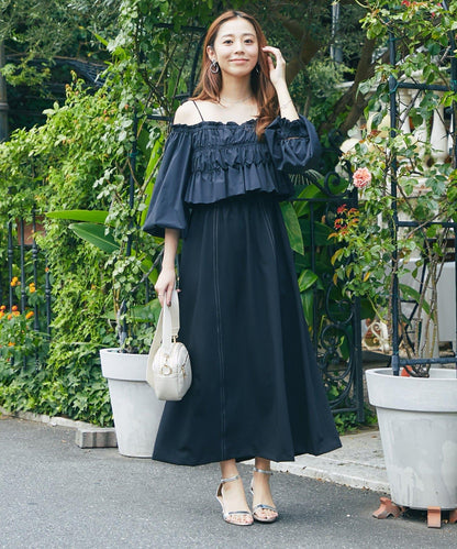 【有小個子尺碼・成熟女性優雅感◎】方領拼接材質褶皺連衣裙