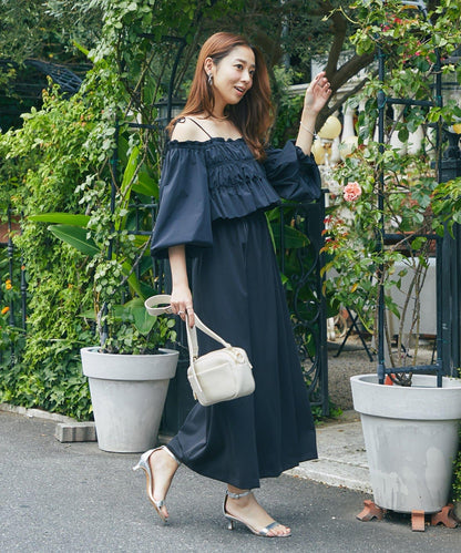【有小個子尺碼・成熟女性優雅感◎】方領拼接材質褶皺連衣裙