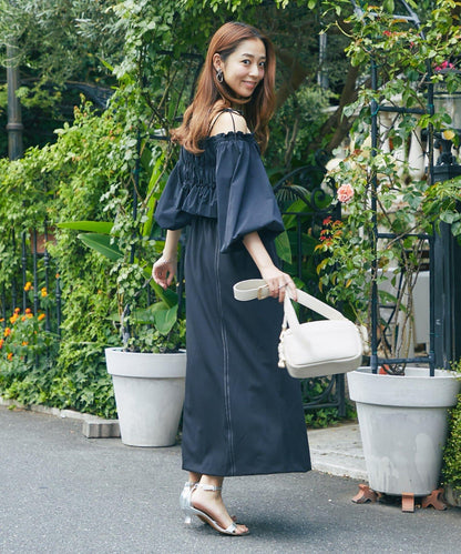 【有小個子尺碼・成熟女性優雅感◎】方領拼接材質褶皺連衣裙