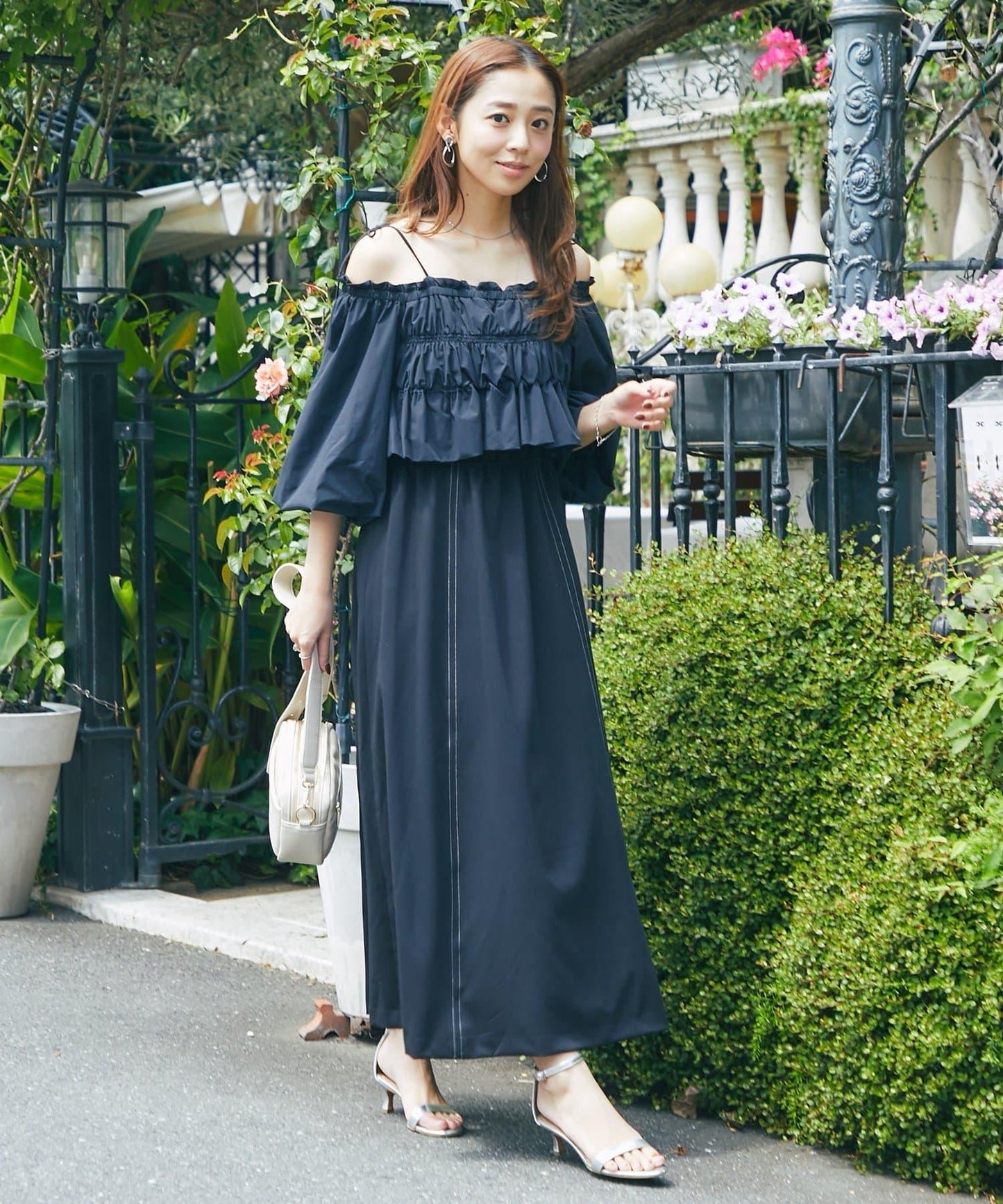 【有小個子尺碼・成熟女性優雅感◎】方領拼接材質褶皺連衣裙