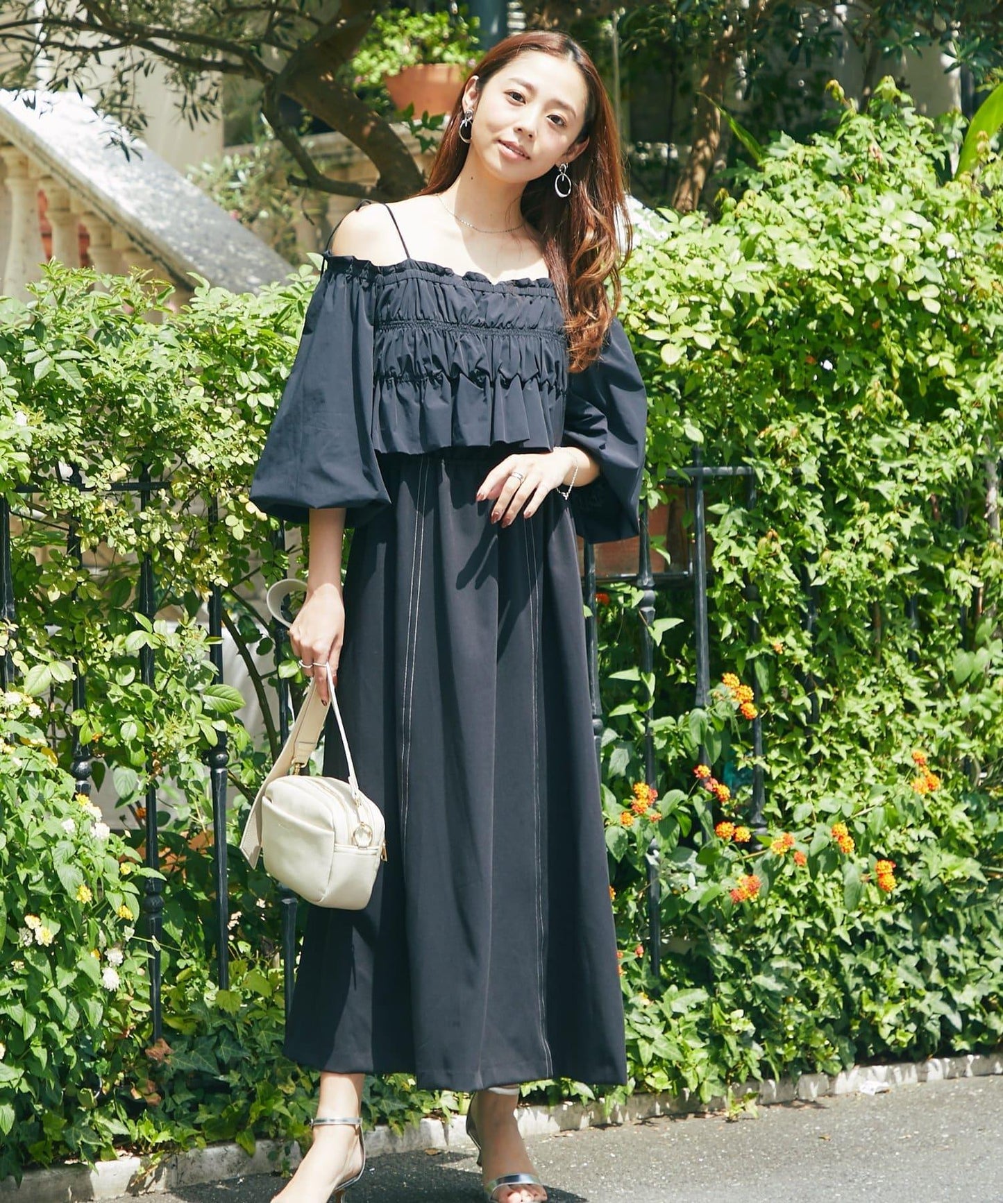【有小個子尺碼・成熟女性優雅感◎】方領拼接材質褶皺連衣裙