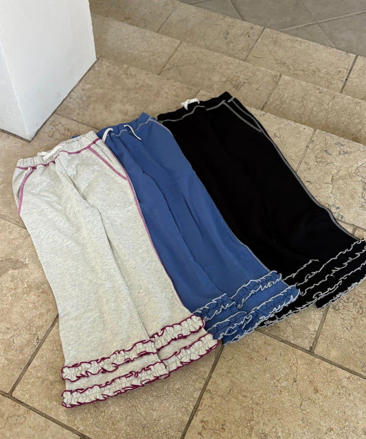 【KIDS】下襬荷葉邊拼色縫線衛褲