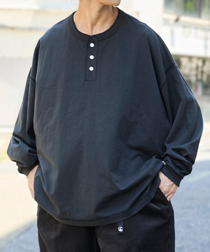 寬鬆版型 單點刺繡 亨利領 長袖T恤