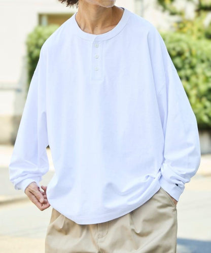 寬鬆版型 單點刺繡 亨利領 長袖T恤