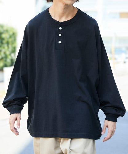 寬鬆版型 單點刺繡 亨利領 長袖T恤