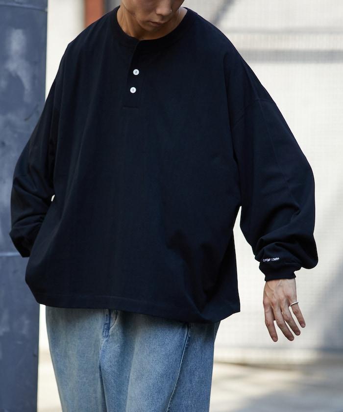 寬鬆版型 單點刺繡 亨利領 長袖T恤