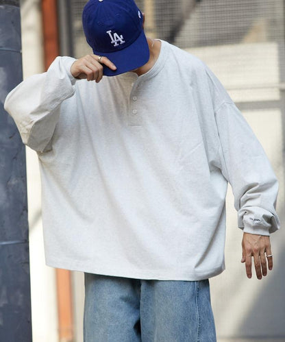 寬鬆版型 單點刺繡 亨利領 長袖T恤