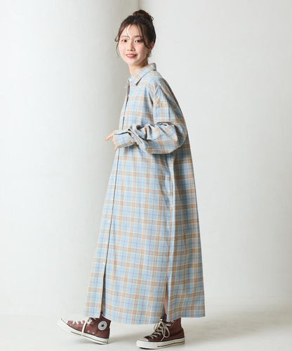 法蘭絨格子寬鬆襯衫連衣裙