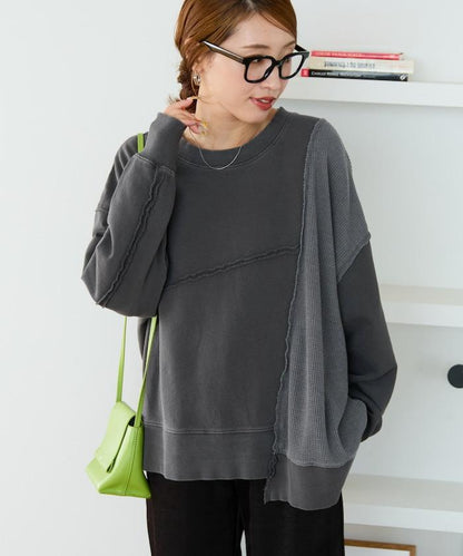 仿舊風格色素水洗衛衣拼接華夫格套頭衫