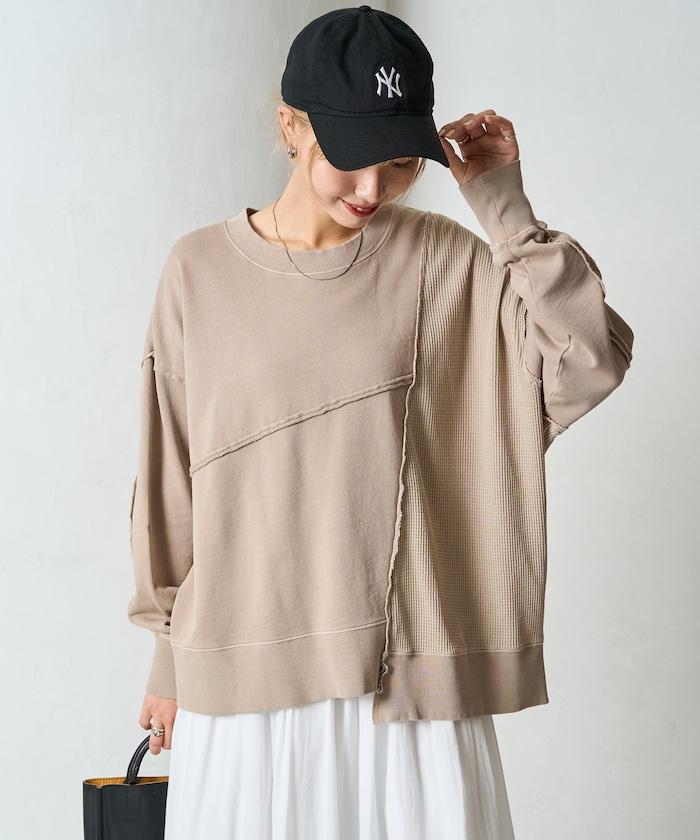 仿舊風格色素水洗衛衣拼接華夫格套頭衫