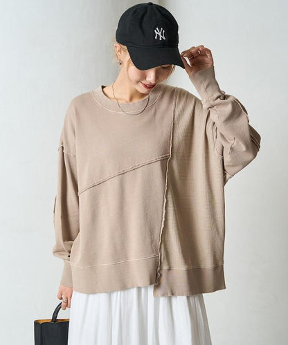 仿舊風格色素水洗衛衣拼接華夫格套頭衫