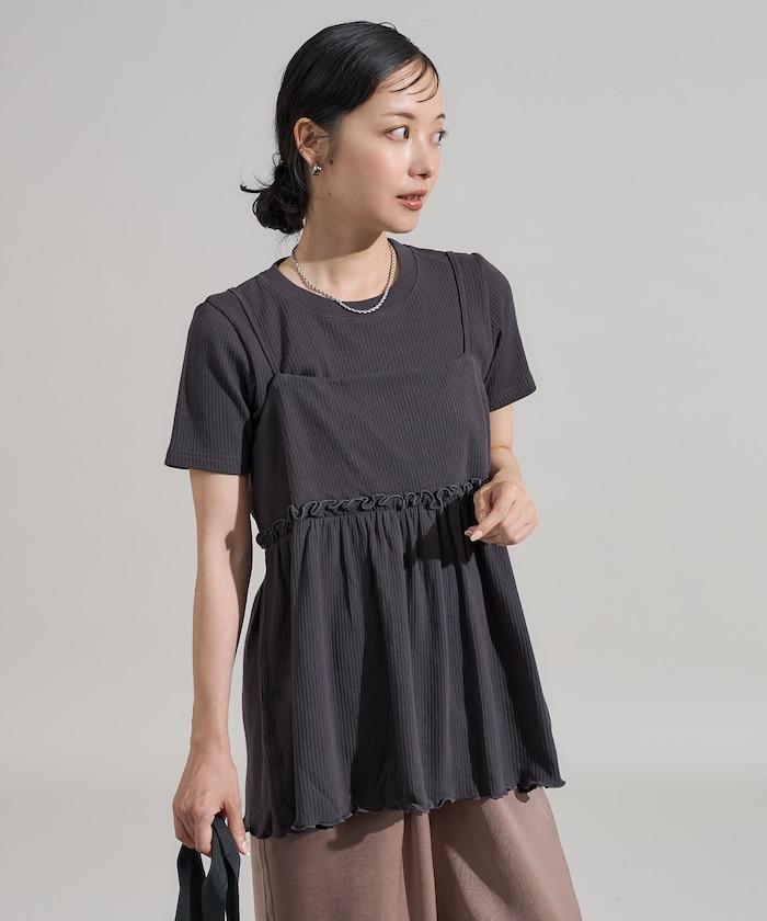 【套裝商品】軍風羅紋2WAY吊帶背心T恤套裝