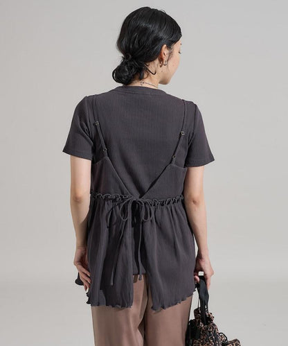 【套裝商品】軍風羅紋2WAY吊帶背心T恤套裝