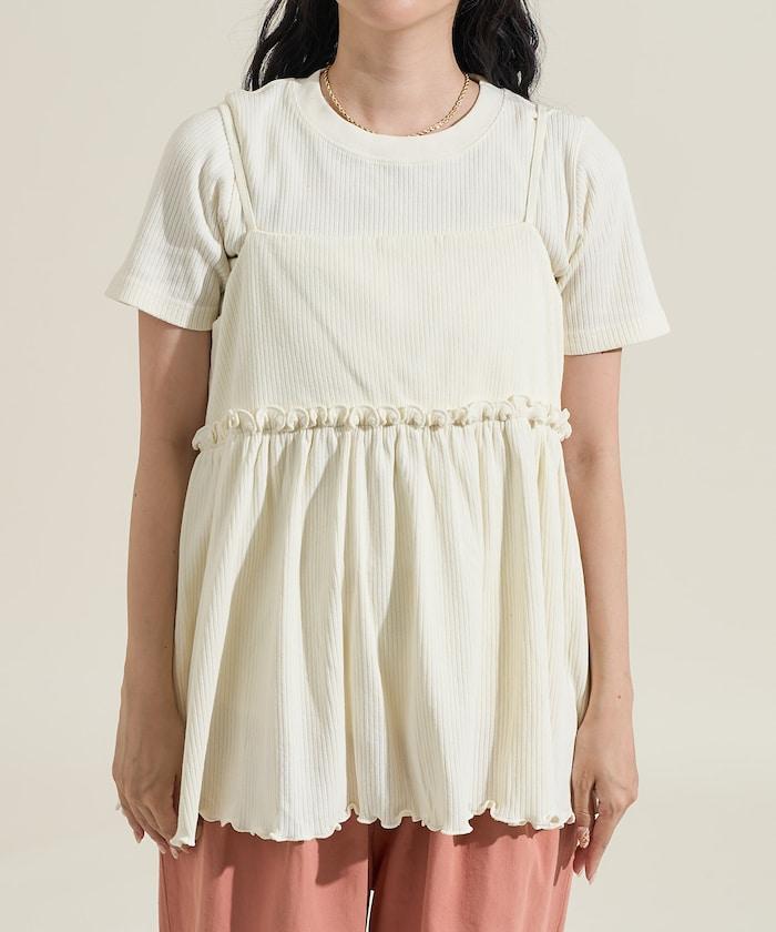 【套裝商品】軍風羅紋2WAY吊帶背心T恤套裝