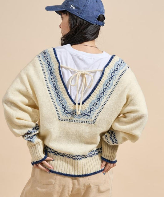 羊毛提洛爾風格背部蝴蝶結V領針織衫