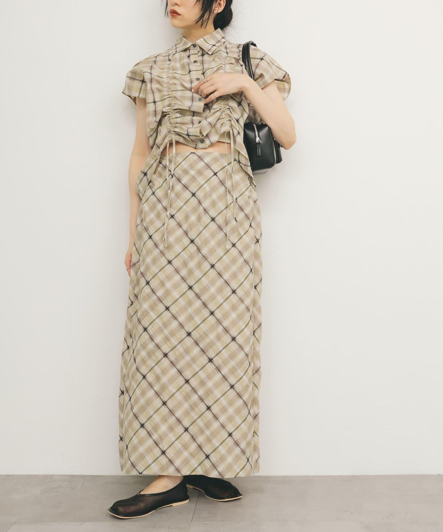 抽繩透視格紋襯衫