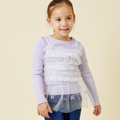 拼接網紗亮絲長袖長款上衣