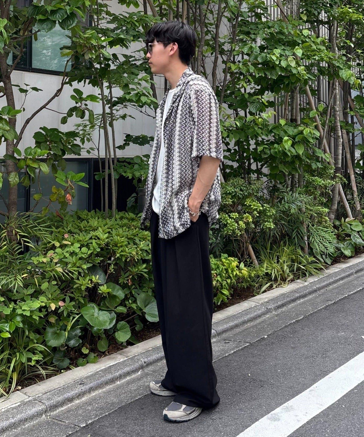 蕾絲透視條紋寬鬆襯衫