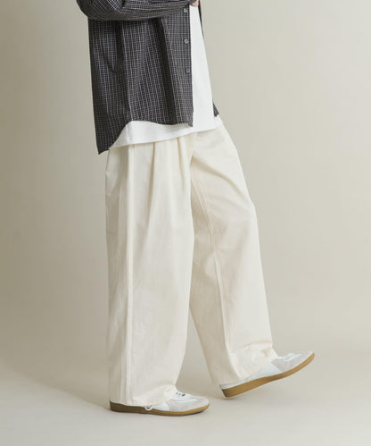 2褶寬鬆斜紋棉布長褲