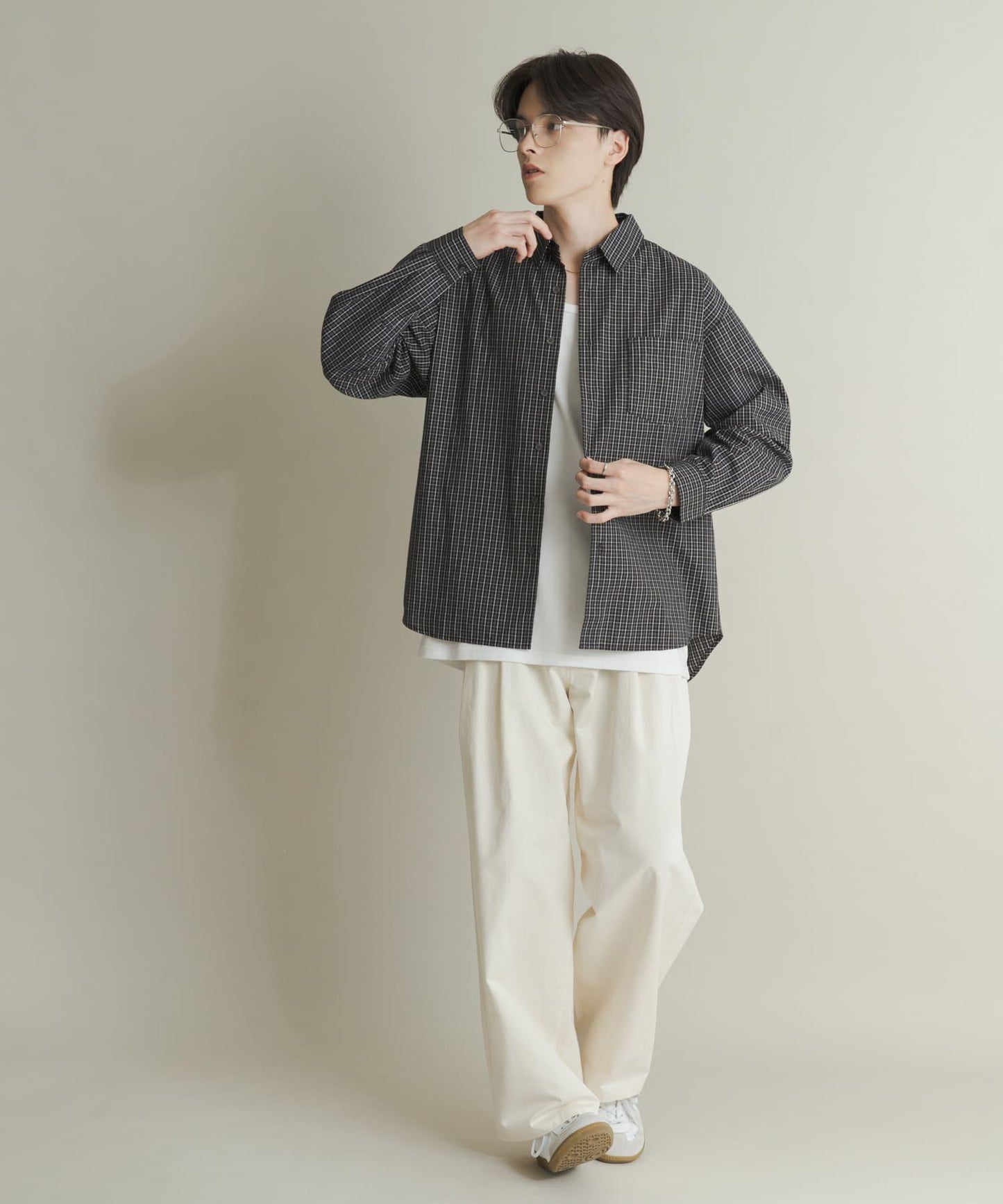 2褶寬鬆斜紋棉布長褲