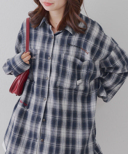 【RMAF】拼接皮革刺繡格子襯衫