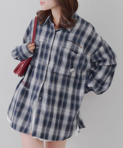 【RMAF】拼接皮革刺繡格子襯衫