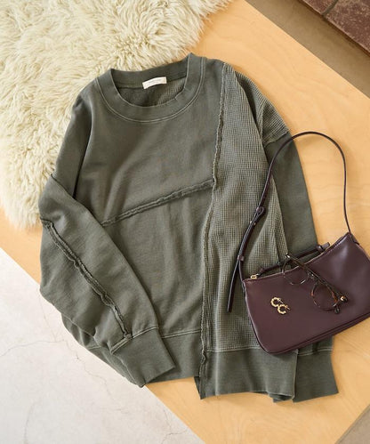 仿舊風格色素水洗衛衣拼接華夫格套頭衫