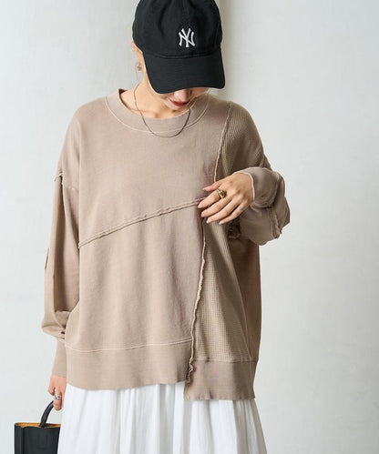 仿舊風格色素水洗衛衣拼接華夫格套頭衫