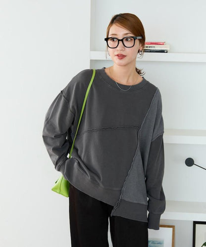 仿舊風格色素水洗衛衣拼接華夫格套頭衫