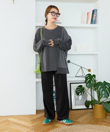 仿舊風格色素水洗衛衣拼接華夫格套頭衫