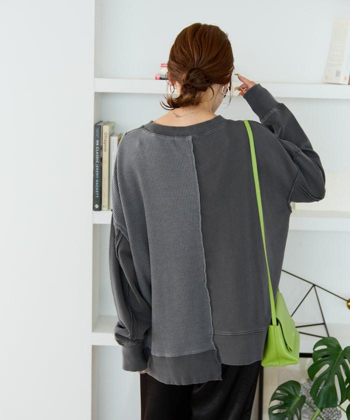 仿舊風格色素水洗衛衣拼接華夫格套頭衫