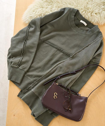 仿舊風格色素水洗衛衣拼接華夫格套頭衫