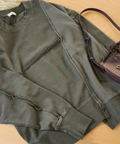 仿舊風格色素水洗衛衣拼接華夫格套頭衫