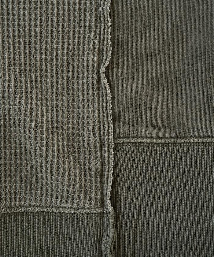 仿舊風格色素水洗衛衣拼接華夫格套頭衫