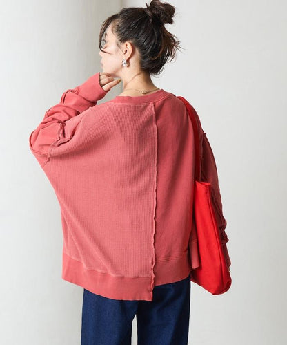 仿舊風格色素水洗衛衣拼接華夫格套頭衫