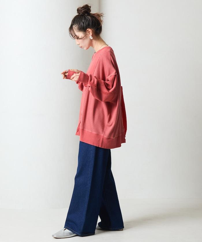 仿舊風格色素水洗衛衣拼接華夫格套頭衫