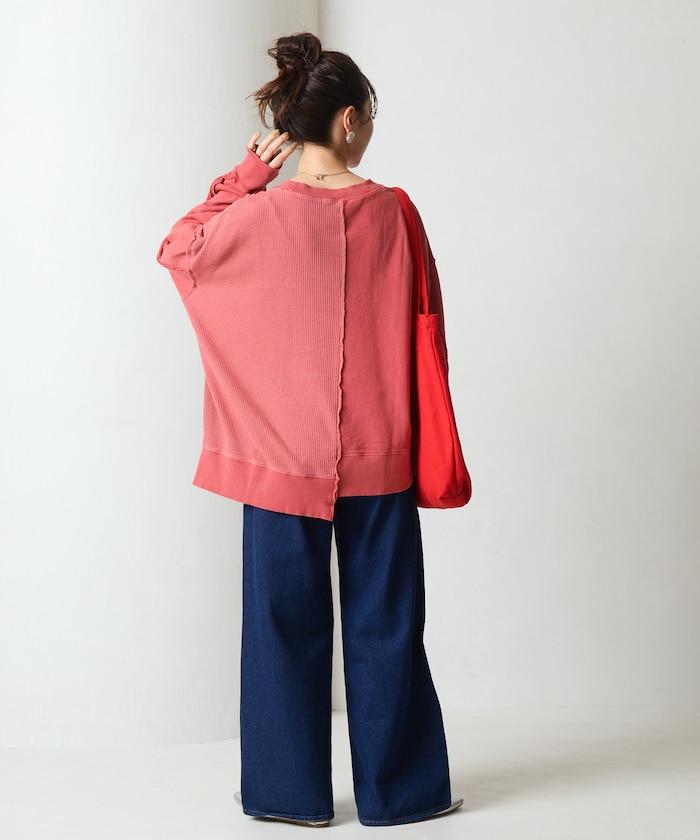 仿舊風格色素水洗衛衣拼接華夫格套頭衫