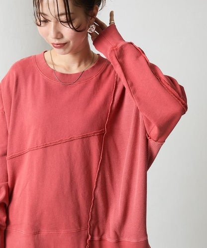 仿舊風格色素水洗衛衣拼接華夫格套頭衫